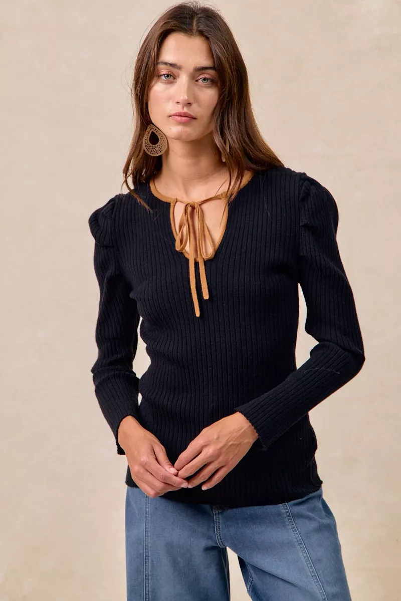 Ribbed Contrast Front Tied Top with Shrried, image 5