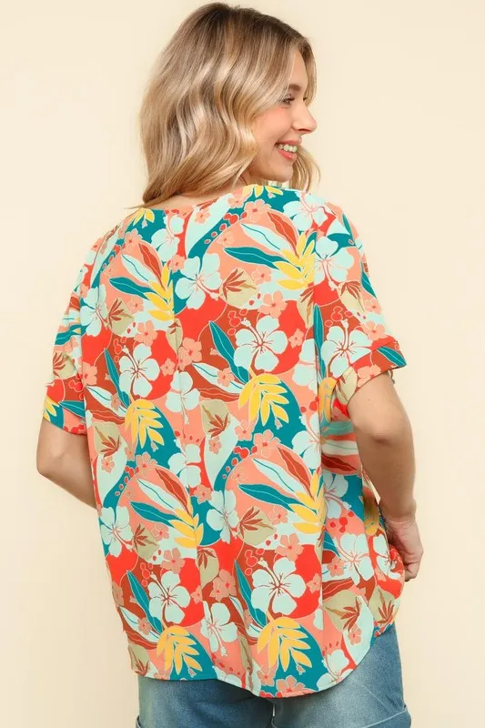 V Neck Drop Shoulder Hawaiian Woven Top, image 7