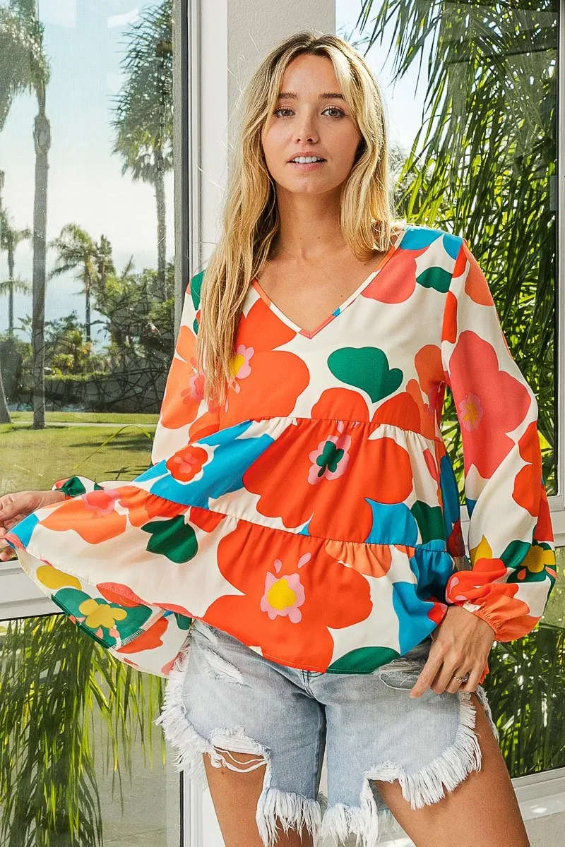 Floral Woven Tiered V Neck Top, image 4