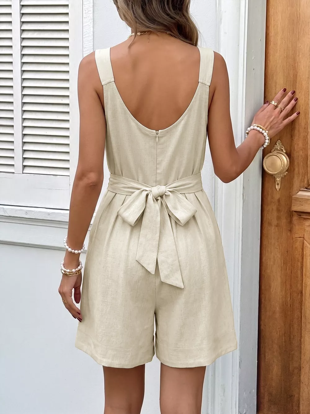 Bowknot Strap Pleated Detail Romper, image 6