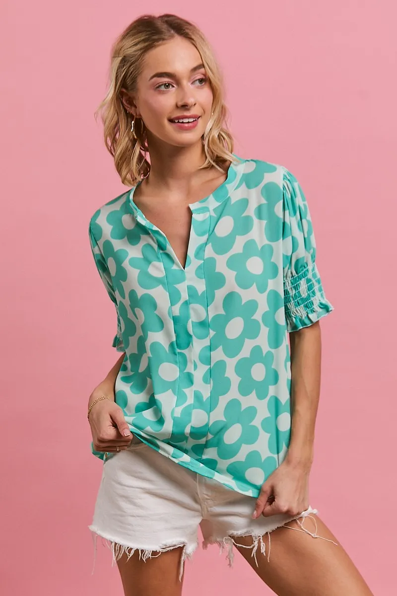 Flower Printed Woven Smocking Sleeves V Neck Top, image 4
