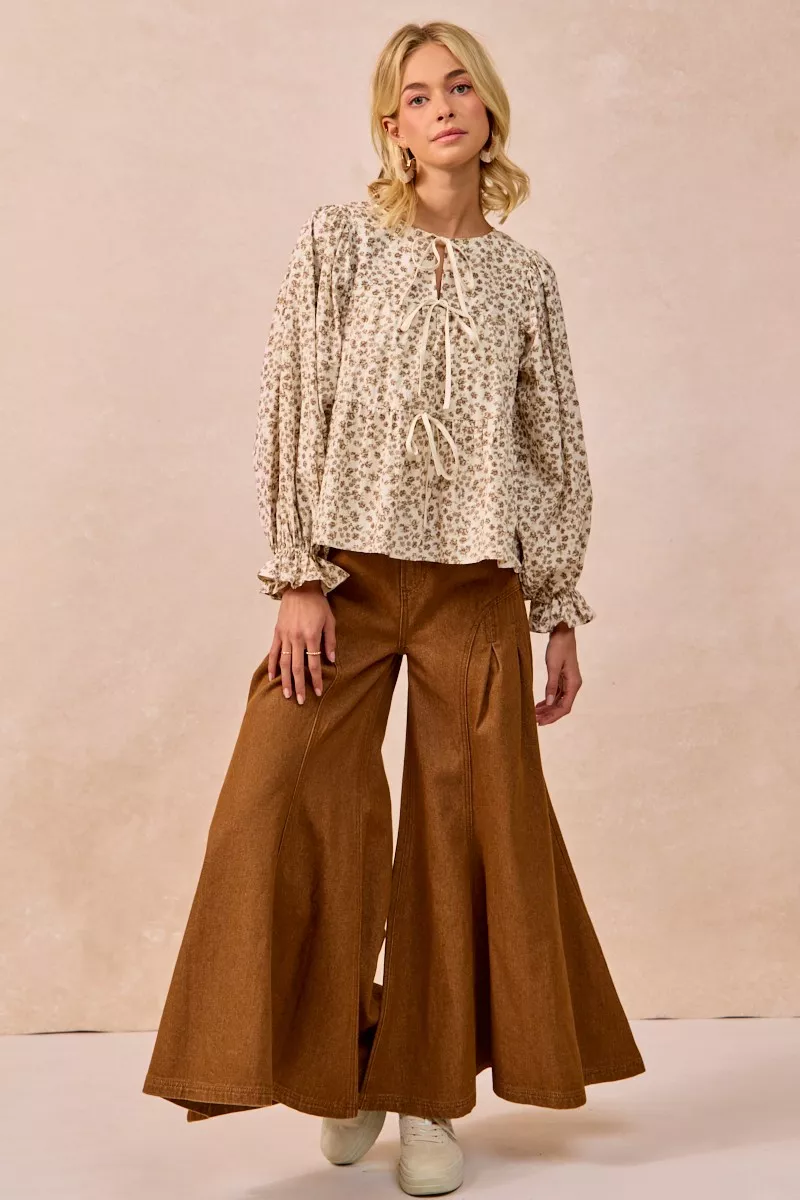 Floral Printed Peplum Blouse with Shirring and Tied, image 9