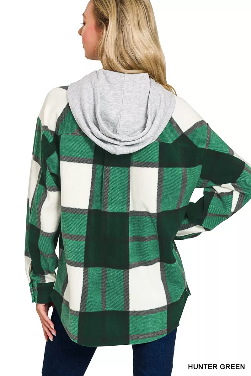 Plaid Drawstring Hooded Fleece Shacket, image 5