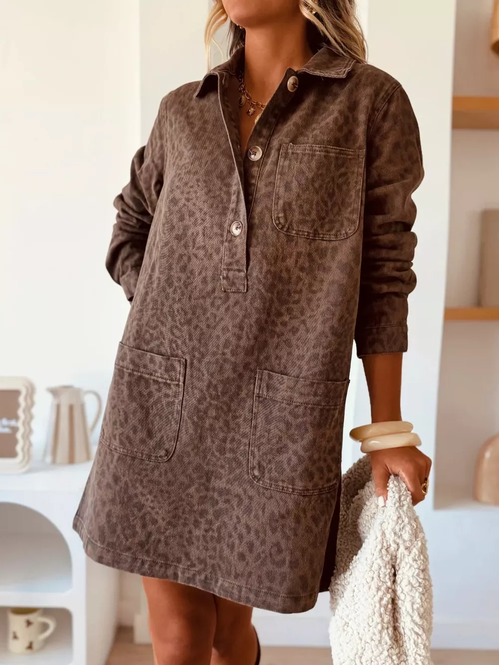 Button Front Denim Shirt Dress, image 7