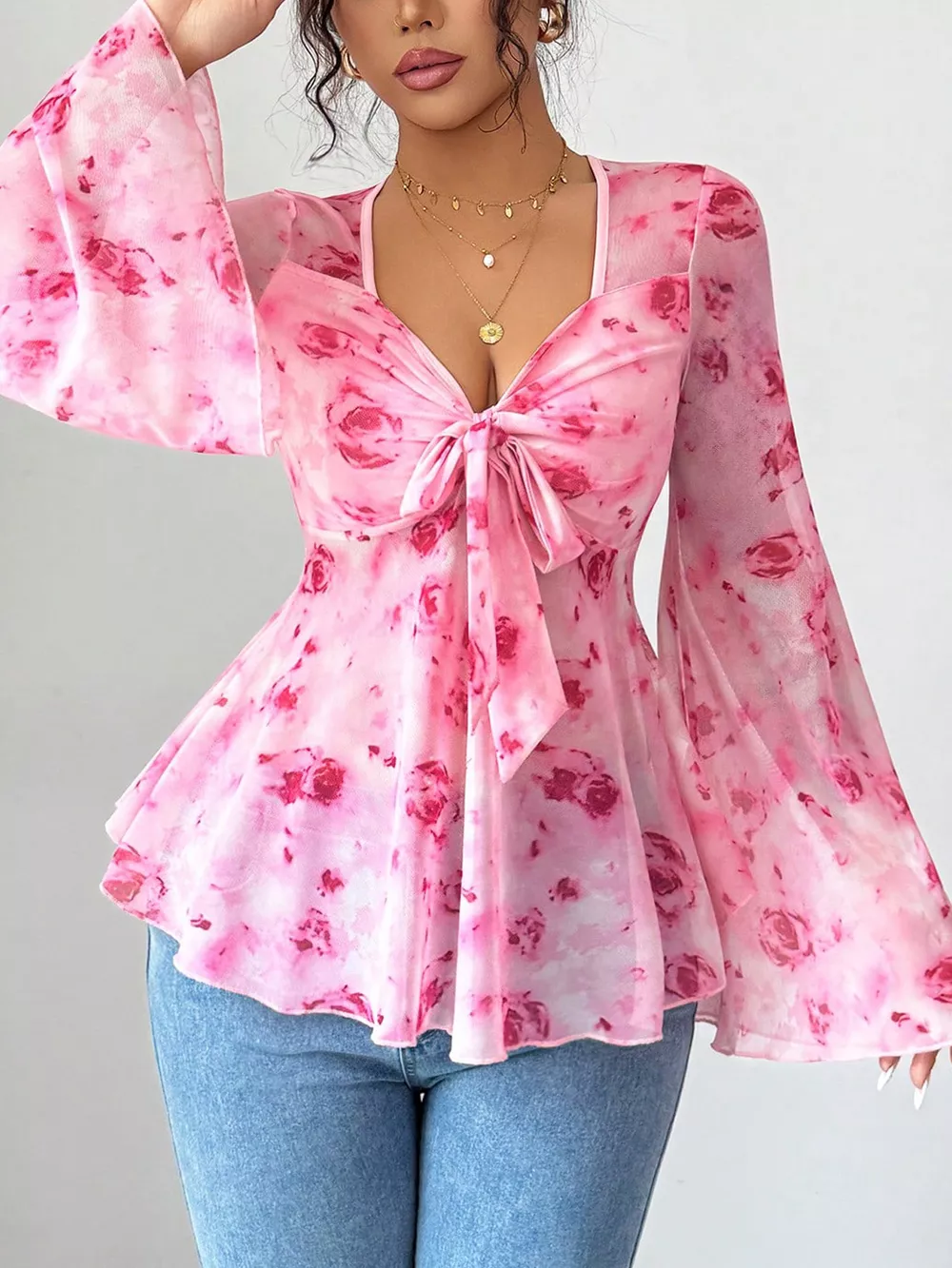 Floral Print Tie Front Flare Sleeve Chiffon Blouse, image 2