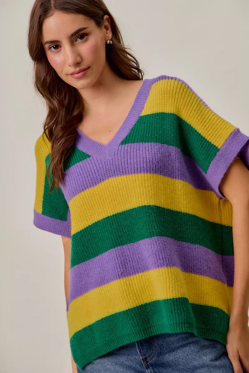 Mardi Gras Loose Fit V Neck Stripe Sweater Top, image 11