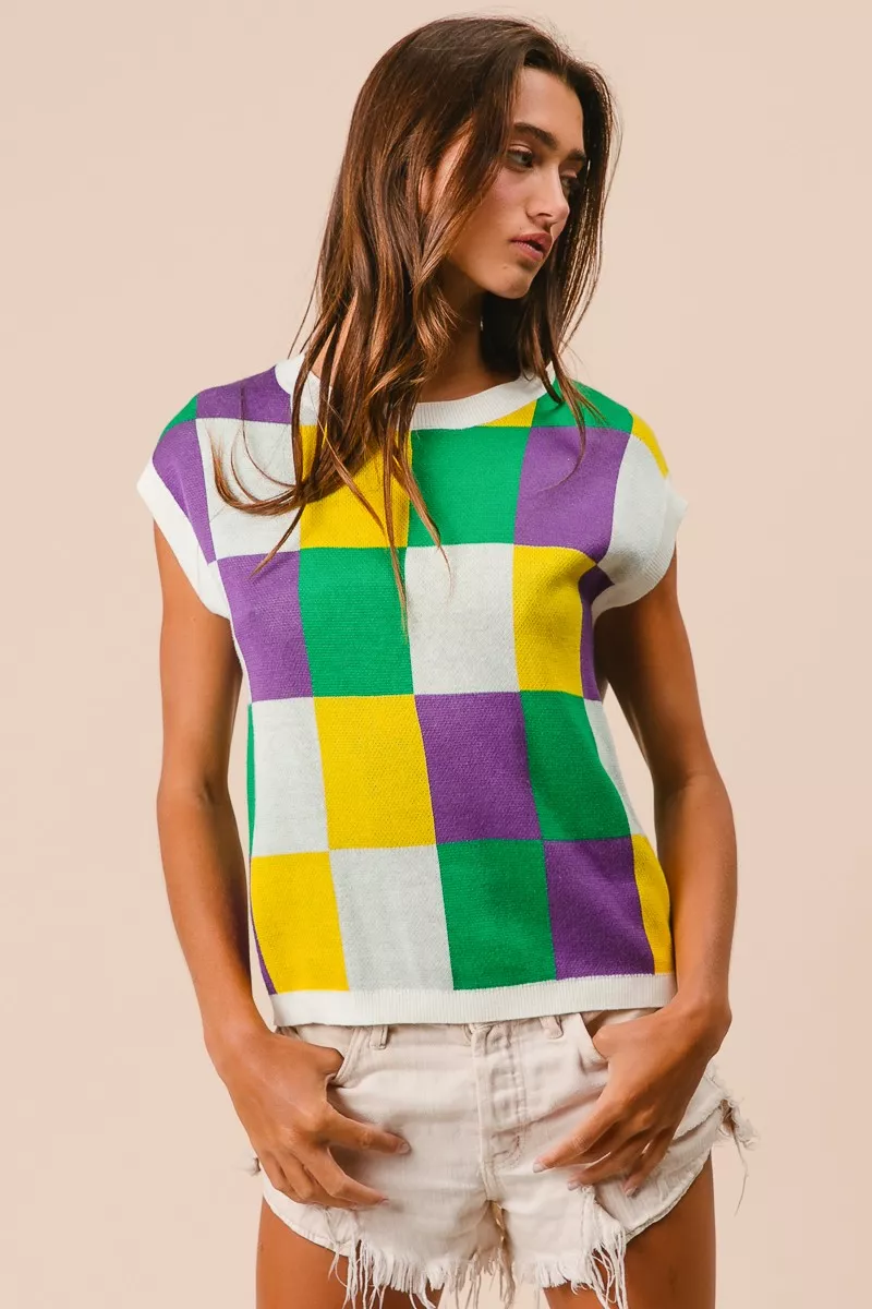 Mardi Gras Checker Pattern Sleeveless Sweater Top, image 8