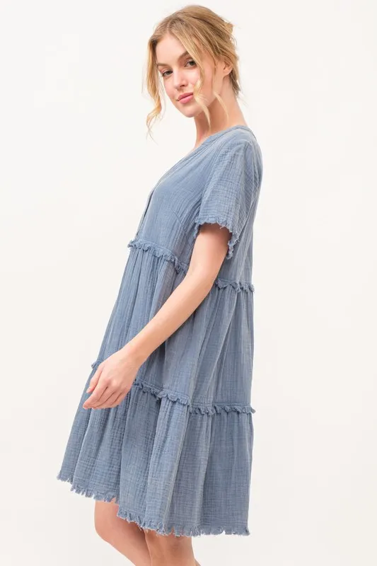 Washed Frayed Detail Tiered Dress, image 4