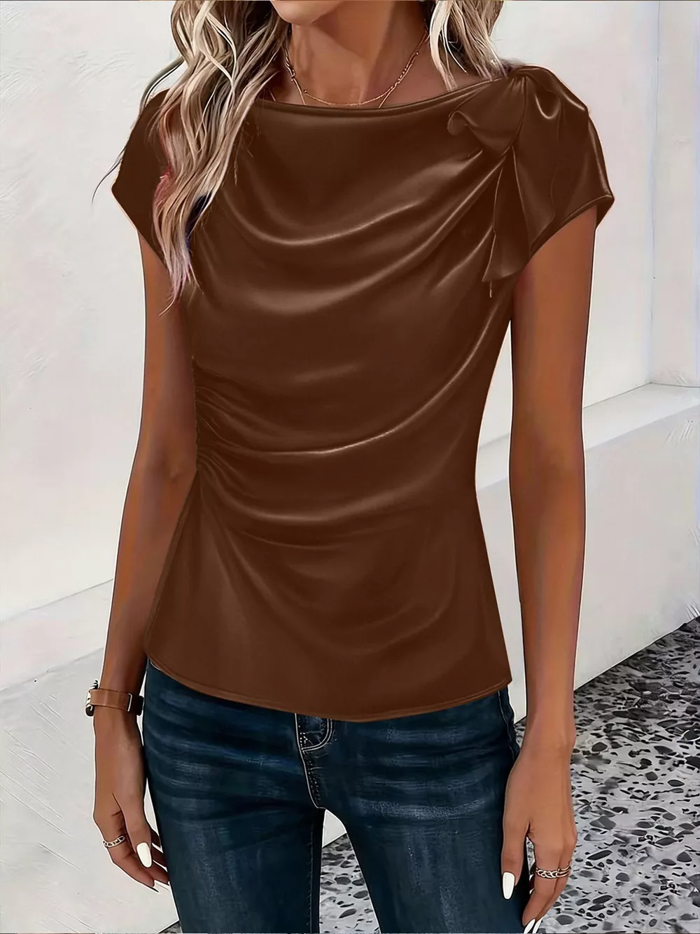Ruched Short Sleeve Satin Top, image 4