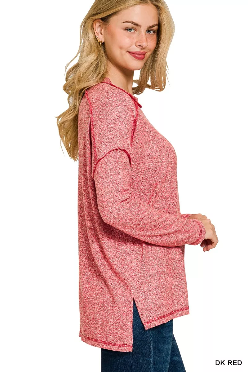 Full Size Melange Hacci Exposed Seam Hi-low Tee Plus Size, image 3
