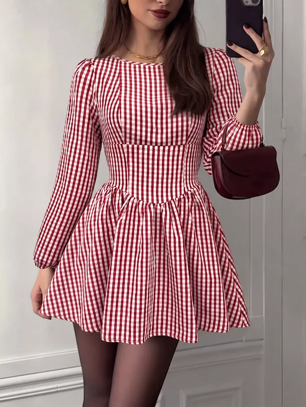 Backless Plaid Long Sleeve Dress, image 2