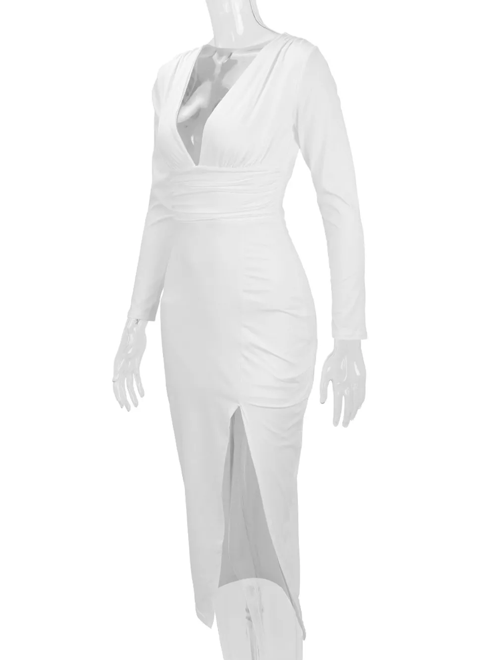 Deep V-Neck Ruched Bodycon Dress with High Slit, image 7