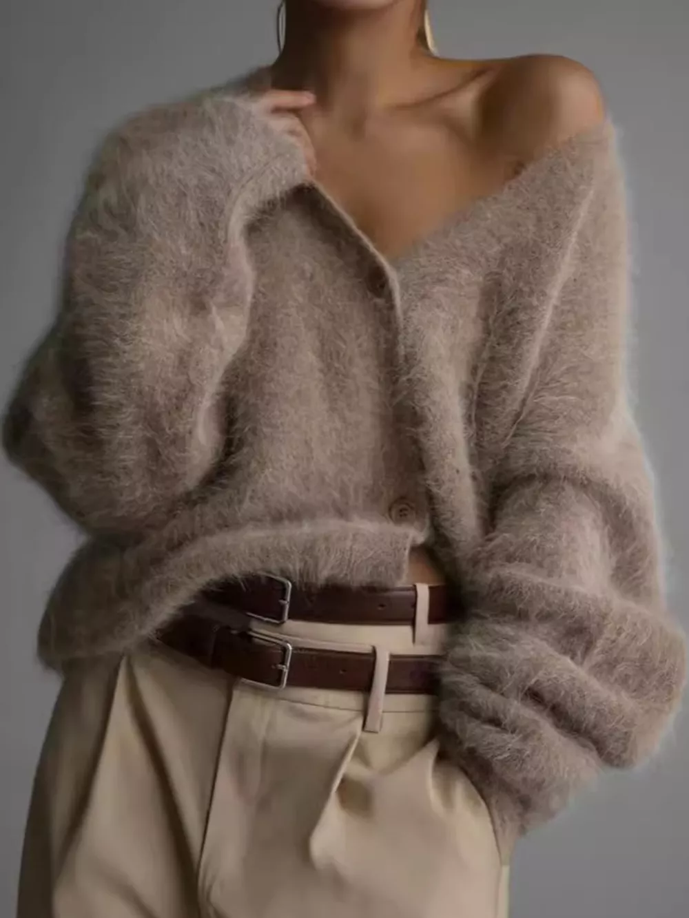 Fuzzy V-Neck Button-Down Cardigan, image 14
