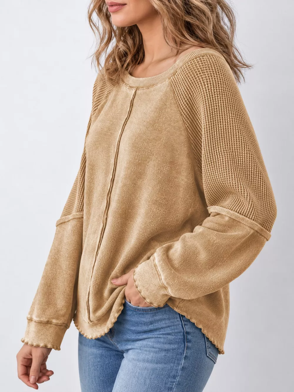 Waffle Knit Raglan Sleeve Sweatshirt, image 2