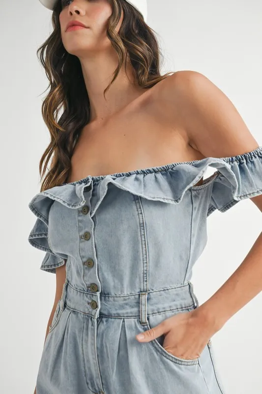 Off Shoulder Ruffle Detail Denim Romper, image 13