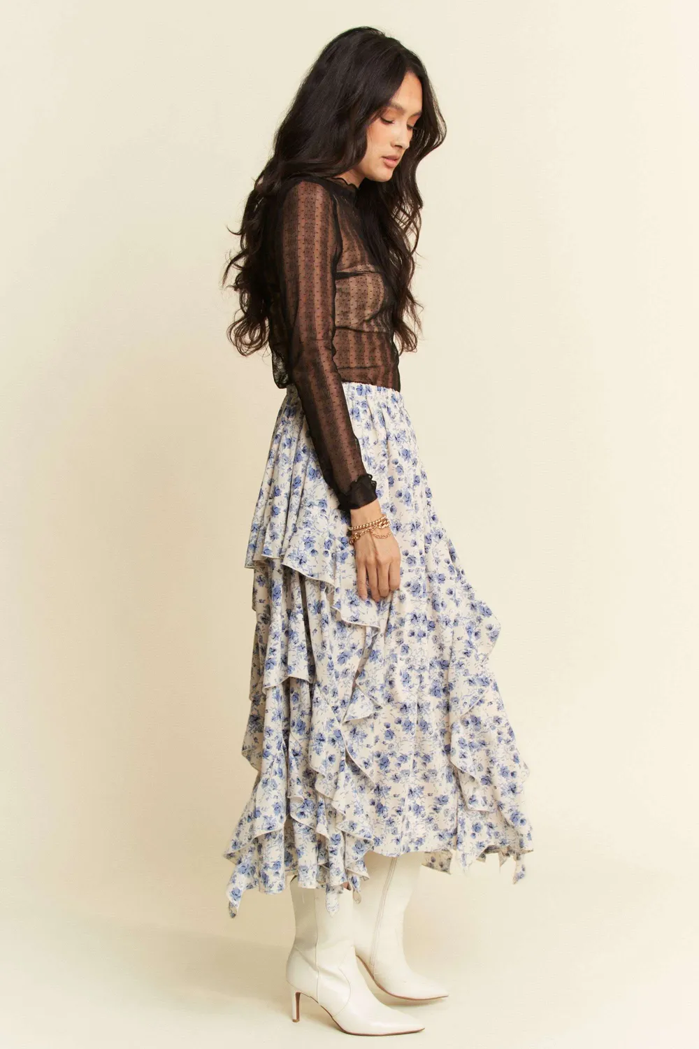Turtle Neck Lace Dotted Stretch Mesh Sheer Top, image 3