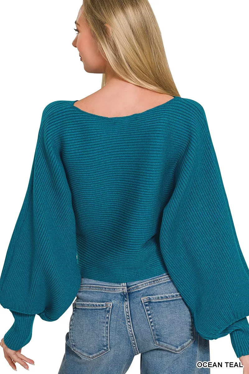 Boat Neck Balloon Sleeve Sweater, image 2