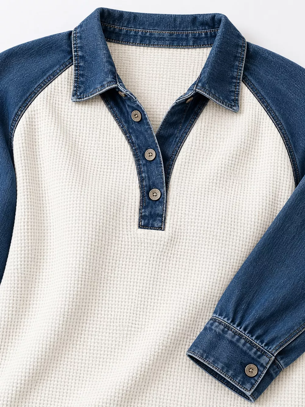 Full Size Waffle Knit Denim Patchwork Button Detail Blouse Plus Size, image 4