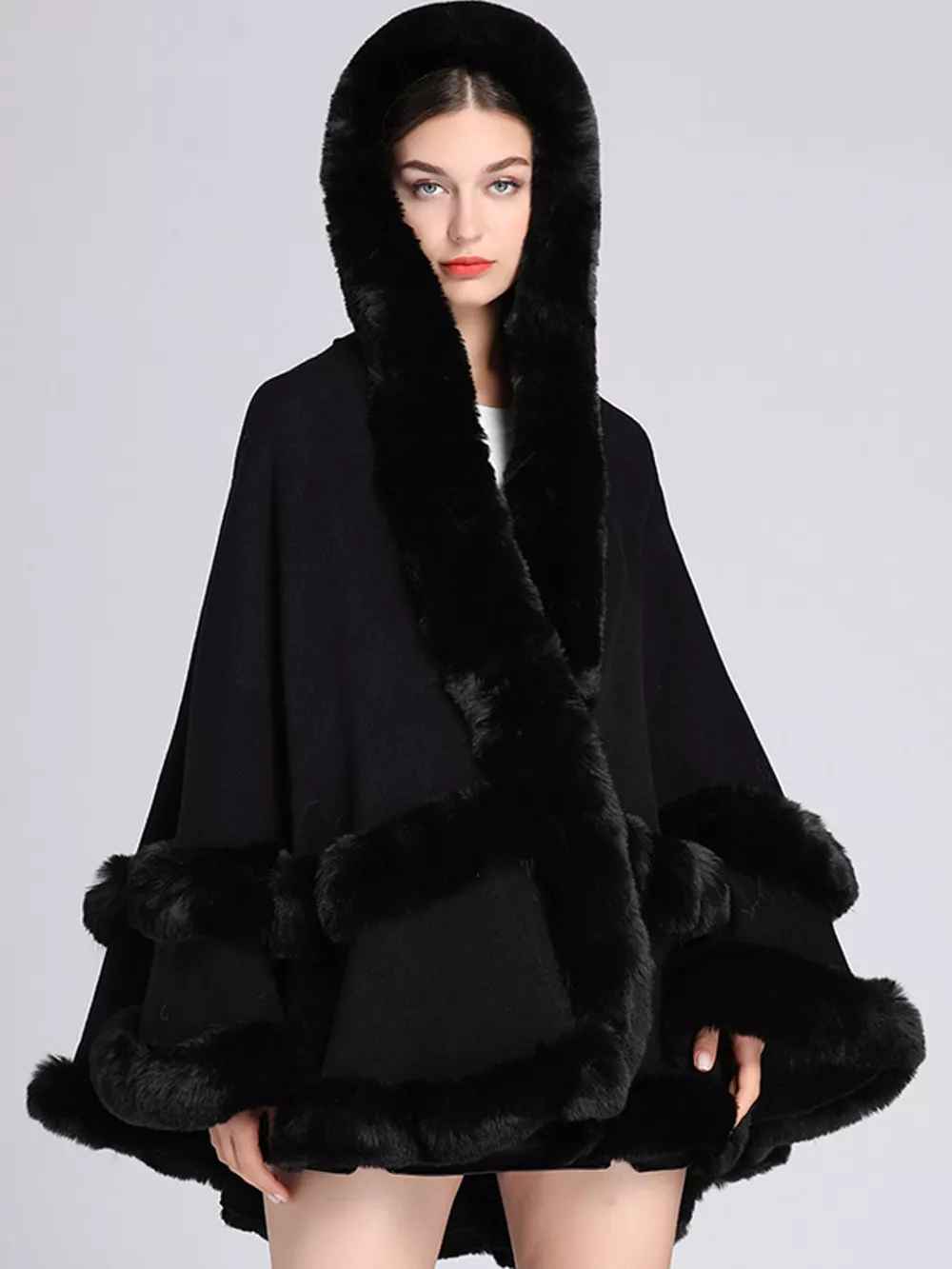 Faux Fur Trimmed Hooded Cape, image 14