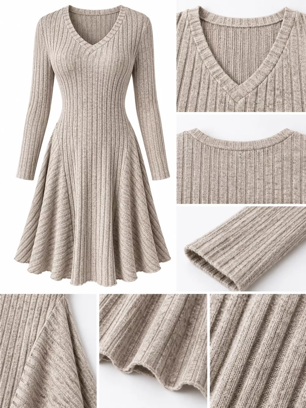 V-Neck Ribbed Knit A-Line Dress, image 15