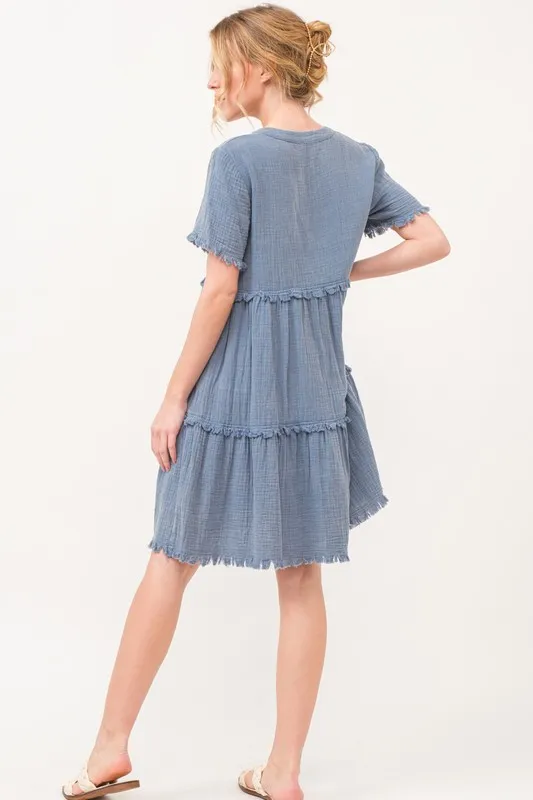 Washed Frayed Detail Tiered Dress, image 6