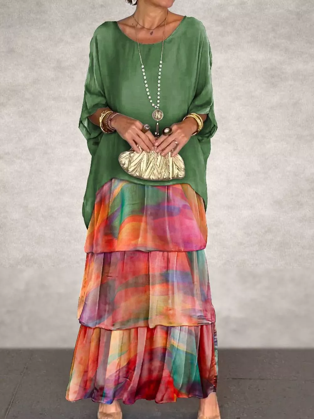 Full Size Layered Batwing Sleeve Maxi Dress Plus Size, image 33