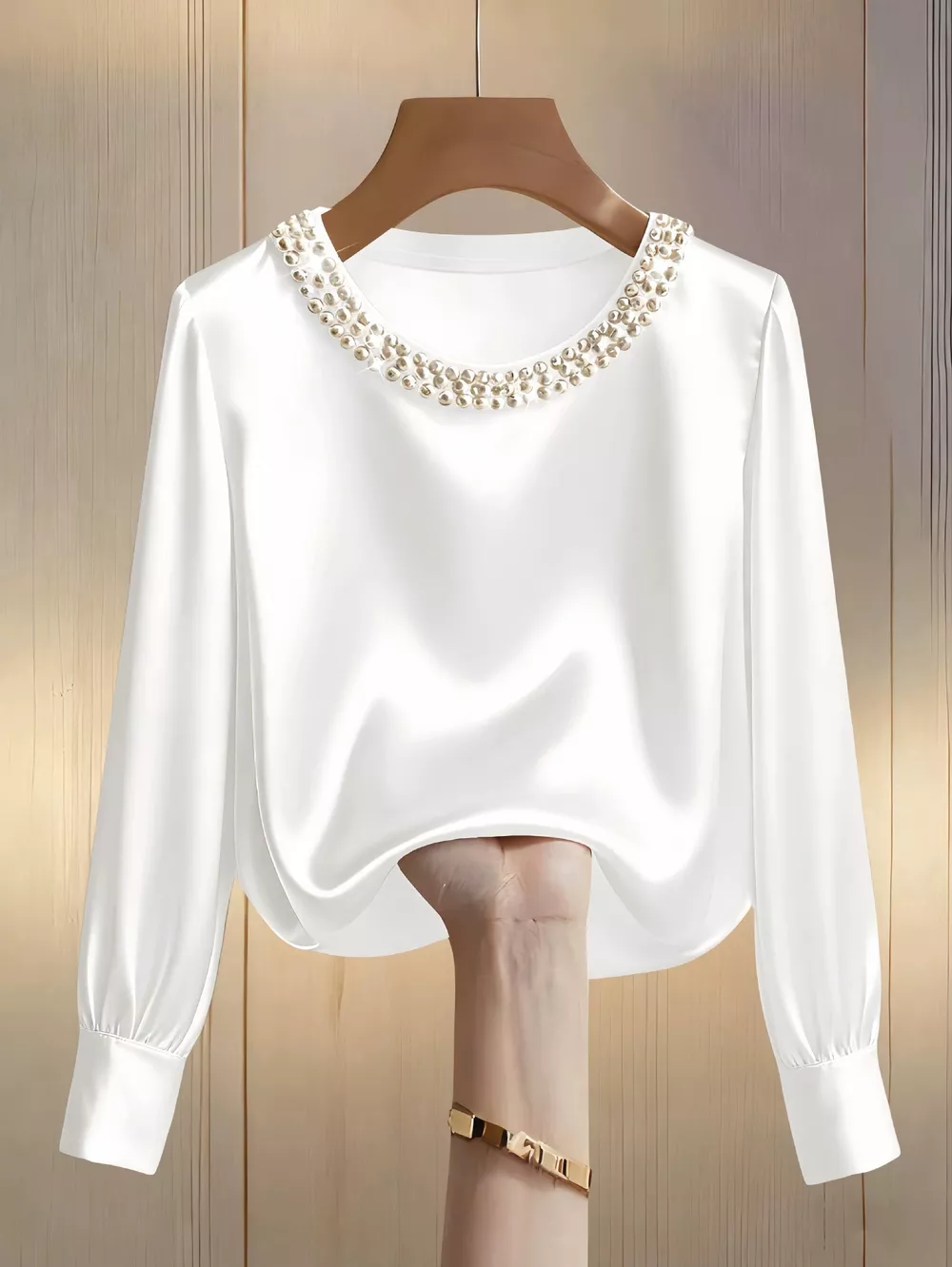 Pearl Trim Round Neck Silk Blouse, image 5