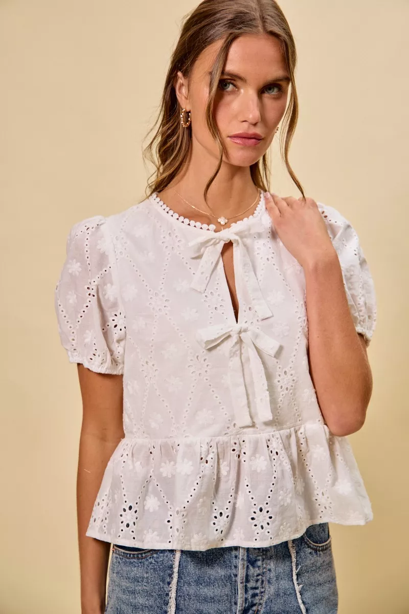 Cotton Eyelet Front Tie Short Sleeves Blouse, image 9