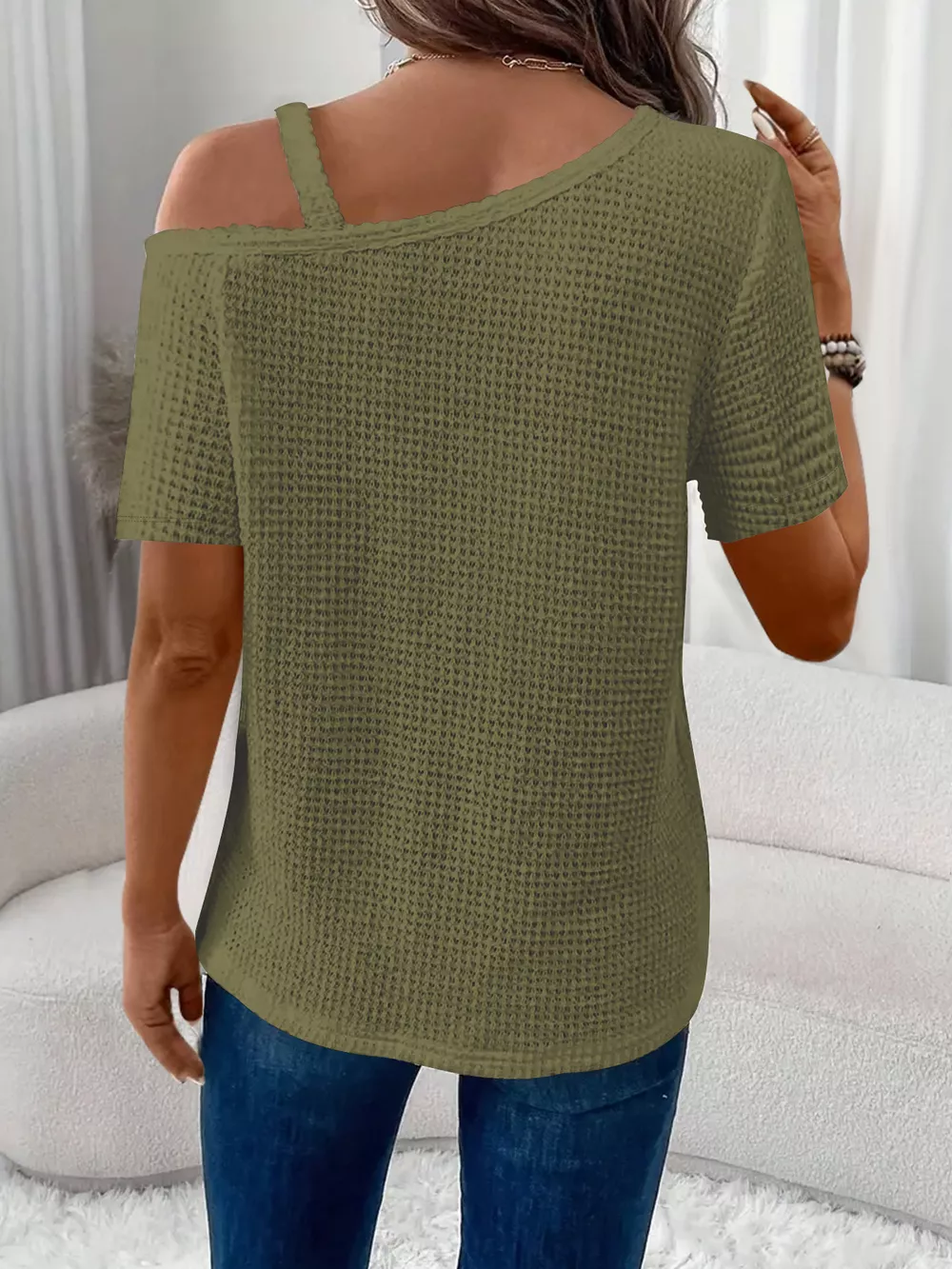 One-Shoulder Chain Detail Waffle Knit T-Shirt, image 12