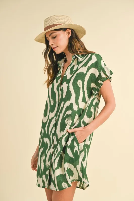 Abstract Printed Frill Sleeve Shirt Mini Dress, image 2