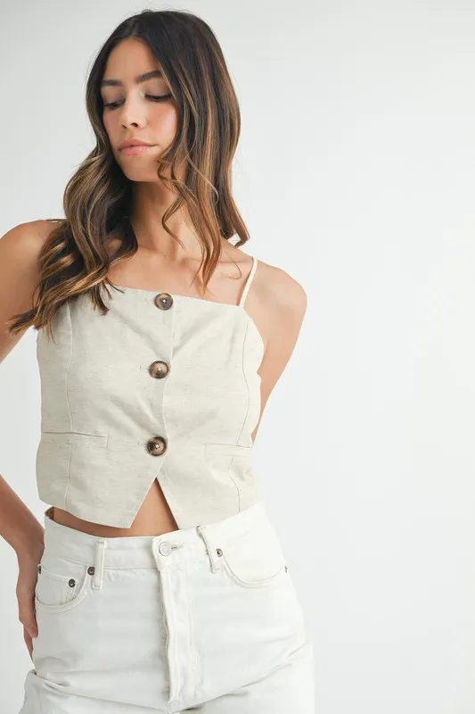Linen Mix Button Down Tank Top, image 2