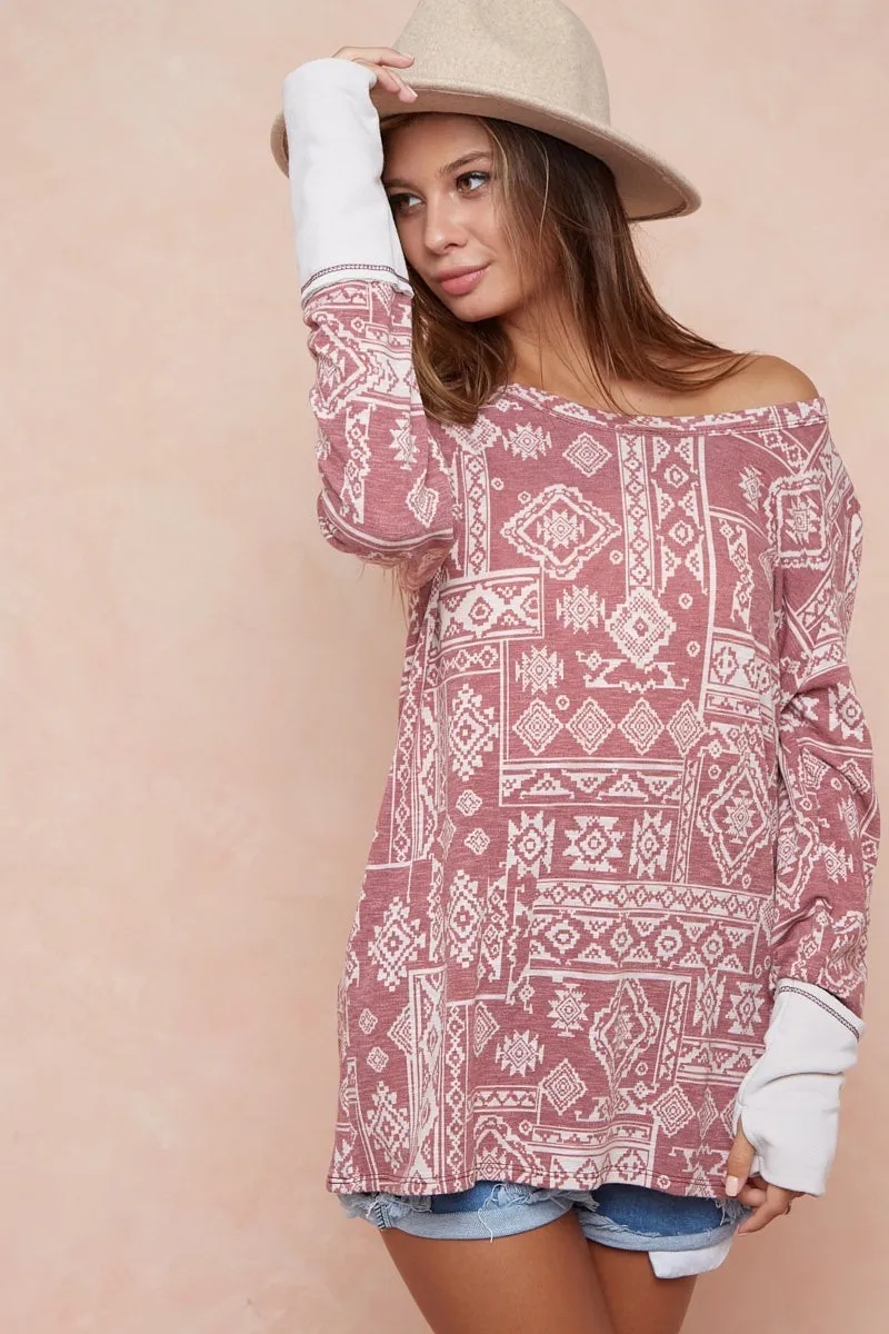 Aztec Print French Terry Top with Thumb Opening, image 2