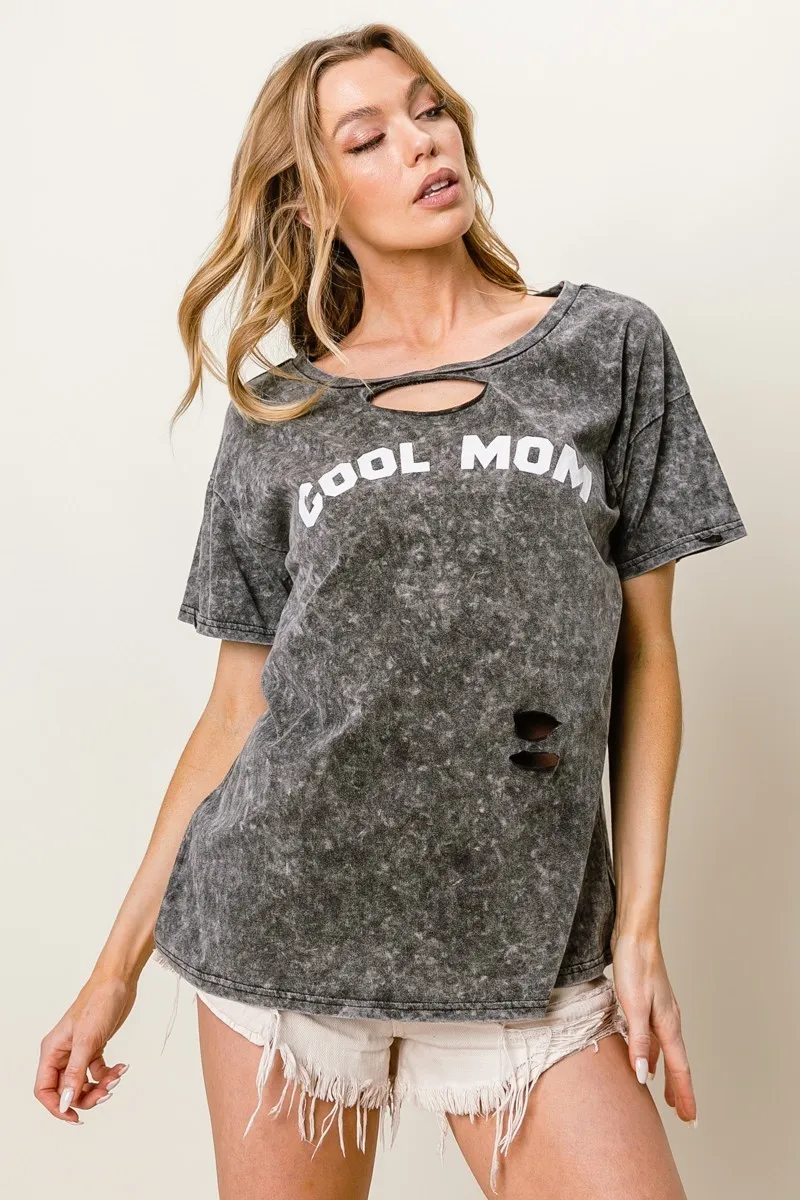 Washed Laser Cut Detail Cool Mom Print Top, image 3