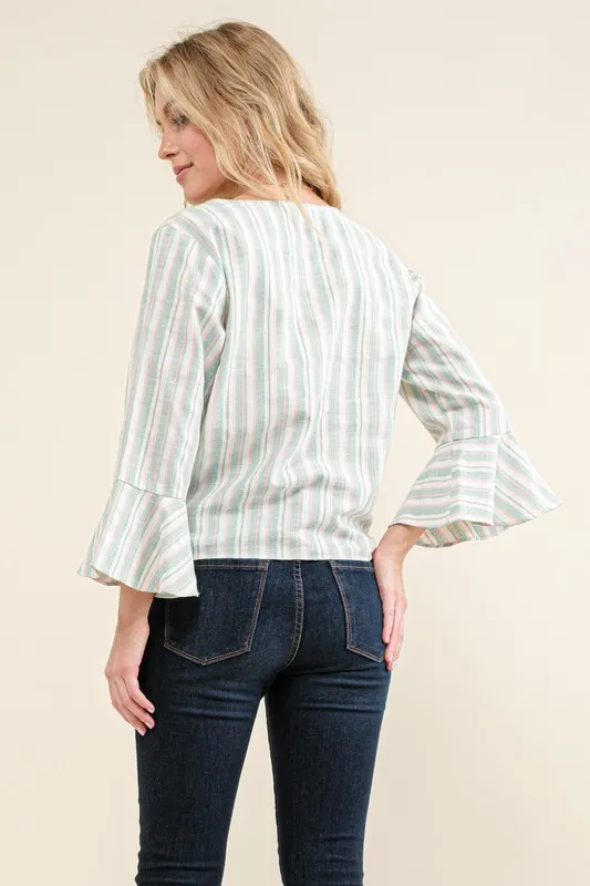Stripe Tie Knot Front Bell Sleeve Top, image 4