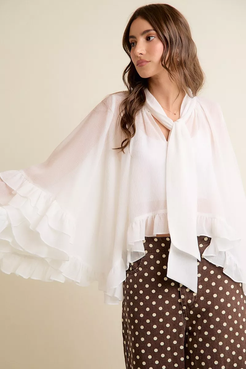 Sheer Ruffle Bell Sleeves Bow Tie Flowy Blouse Top, image 11