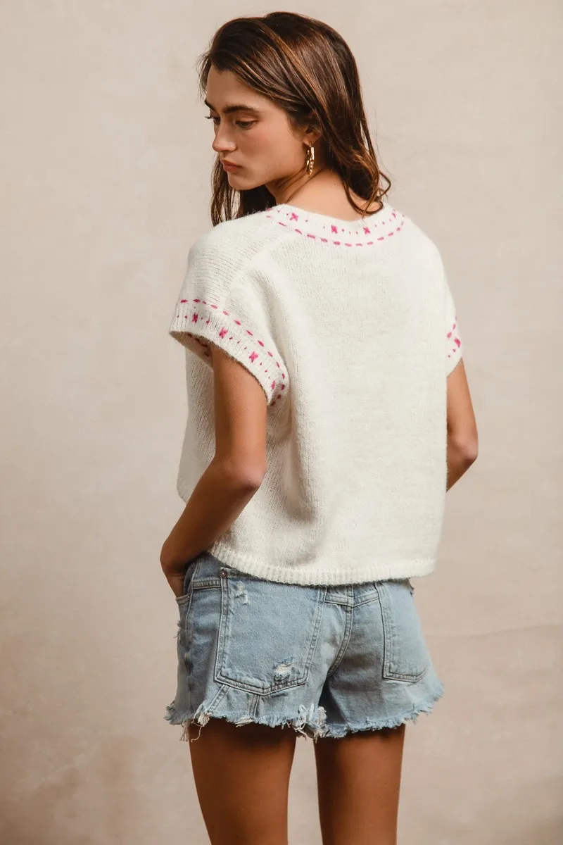 Knit Solid Contrast Stitch Detail Short Sleeves Sweater, image 5
