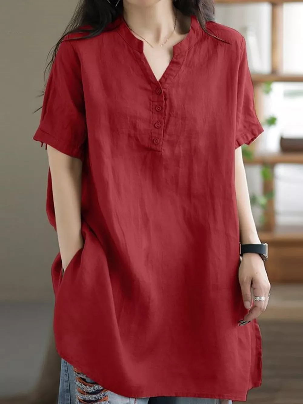 Full Size Notched Short Sleeve Oversize Blouse Plus Size