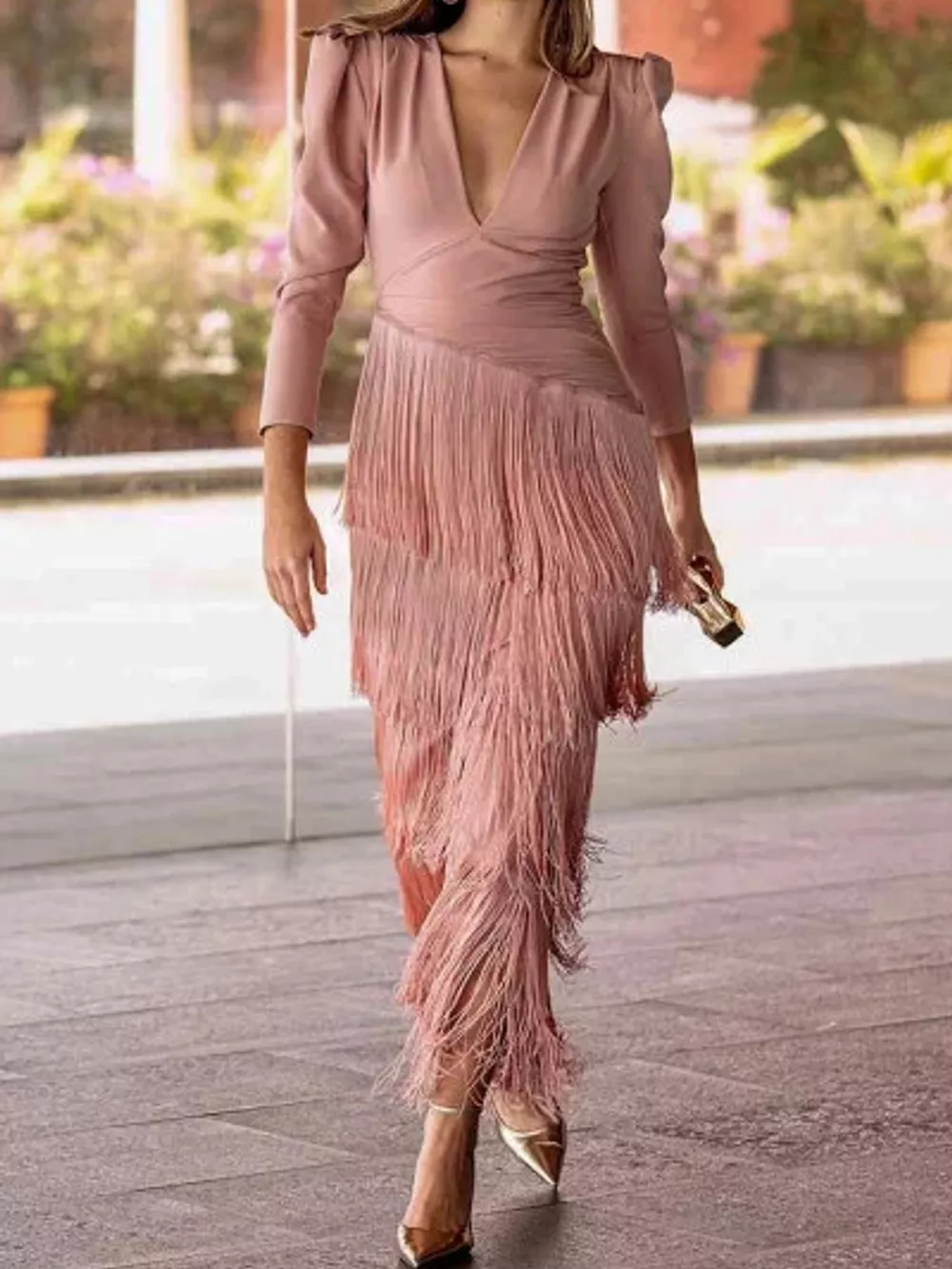 Fringed V-Neck Puff Sleeve Maxi Dress, image 13