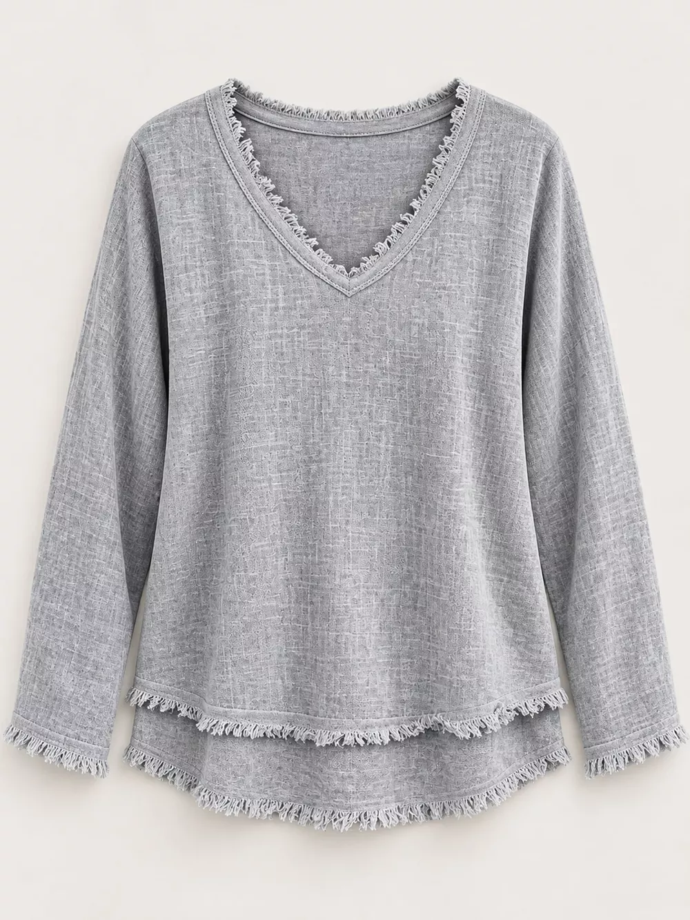 Full Size Frayed Hem V-Neck Long Sleeve Blouse Plus Size, image 4