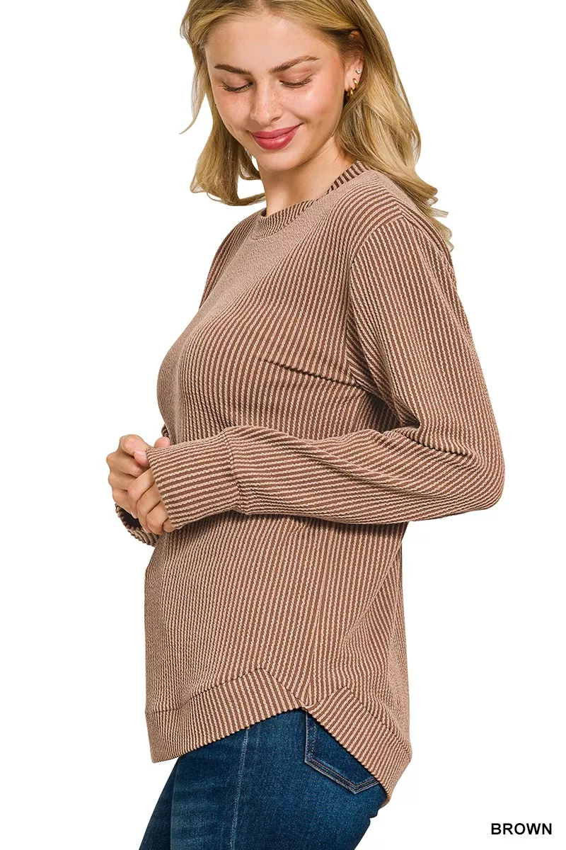 Full Size Raised Rib Round Neck Long Sleeve Top Plus Size, image 2