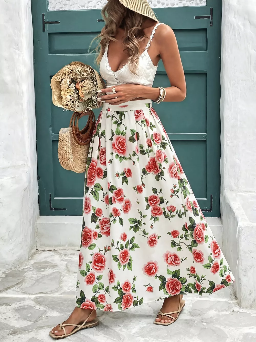 Rose Print Flowy Maxi Skirt, image 4