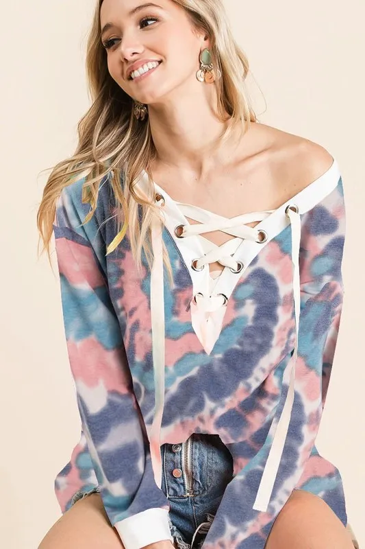 Tie Dye Deep V-Neck Top with Lace Up Front, image 2
