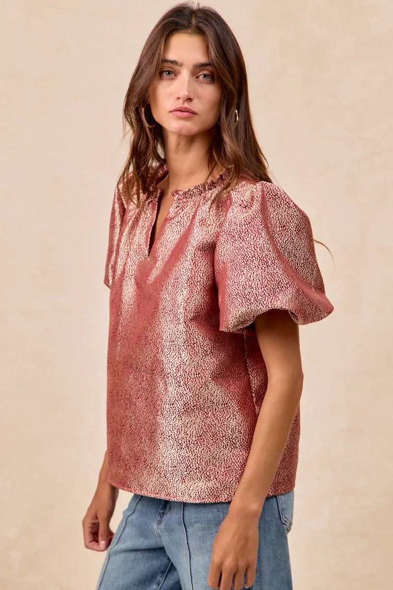Jacquard Woven Short Balloon Sleeves V Neck Top, image 12