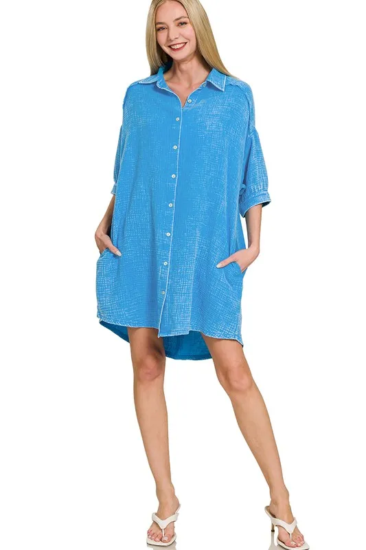 Washed Double Gauze Button Down Shirt Dress, image 2