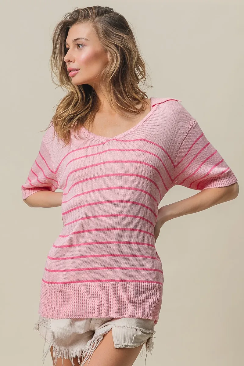 Stripe Short Sleeves Collared V Neck Top, image 2