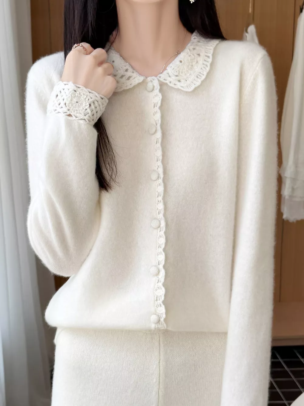 Lace-Collar Button Down Knit Cardigan, image 15