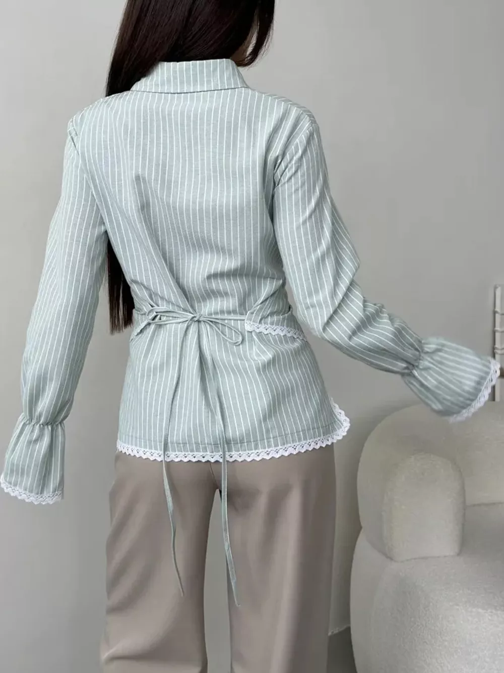 Lace Trim Long Sleeves Striped Shirt, image 23