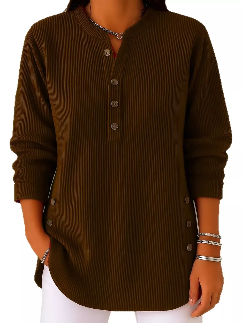 Full Size Button Detail Long Sleeve Top Plus Size, image 26