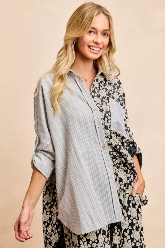 Stripes Jacquard Floral Mix And Match Shirt Top, image 3