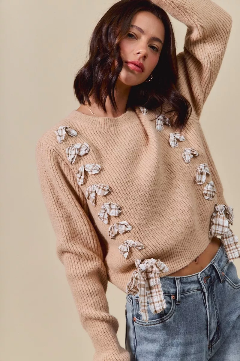 Checkered Plaid Tape Lace Up Ribbed Sweater, image 2